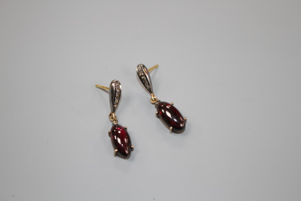 A pair of Victorian style 18k and 925, cabochon garnet and diamond set drop earrings, 31mm, gross weight 5.3 grams.